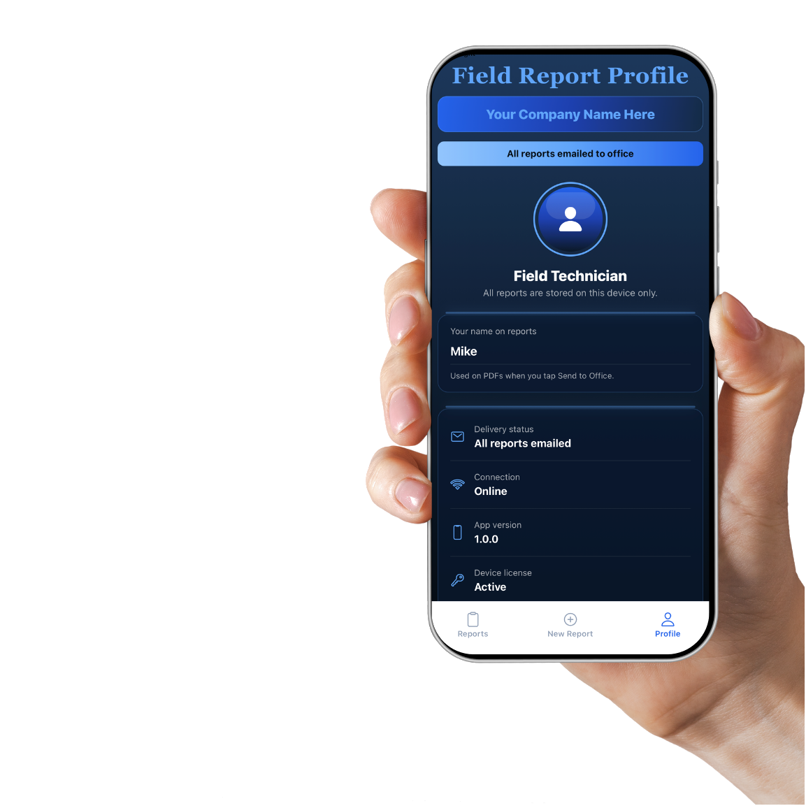 Field Tech Report app showing the Profile screen on an iPhone